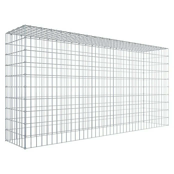 Gabiona Gabione Typ 3 - Zum Anbau in der Höhe, 200 x 40 x 100 cm, Stahl, Maschenbreite: 50 mm, Maschenhöhe: 100 mm, C-Ring - Das Bild zeigt einen rechteckigen Gabionenkorb aus verzinktem Draht, der auf einem schwarzen Hintergrund steht. Er dient als dekoratives Element.