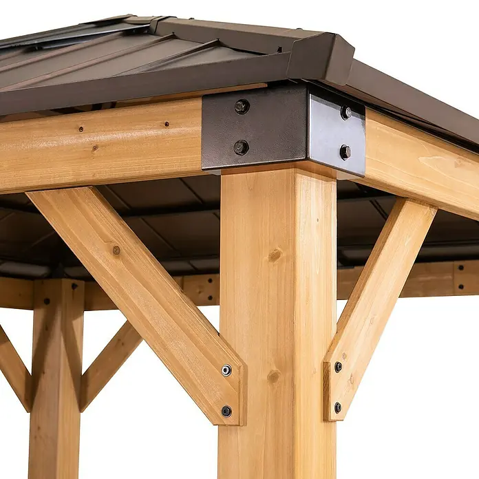 Sunjoy Pavillon Rapi - B x T: 273 x 273 cm, Farbe Gestell: Braun, Holz - Detailansicht einer braunen Gartenlaube mit Holzpfosten und Metallverbindungen. Robuste und stilvolle Konstruktion.