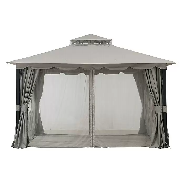 Sunjoy Standard-Pavillon Stoj - B x T: 402 x 336 cm, Farbe Gestell: Schwarz, Stahl - Graues Outdoor-Pavillon mit Stoffdach, schützenden Netzwänden und zurückgebundenen Vorhängen.