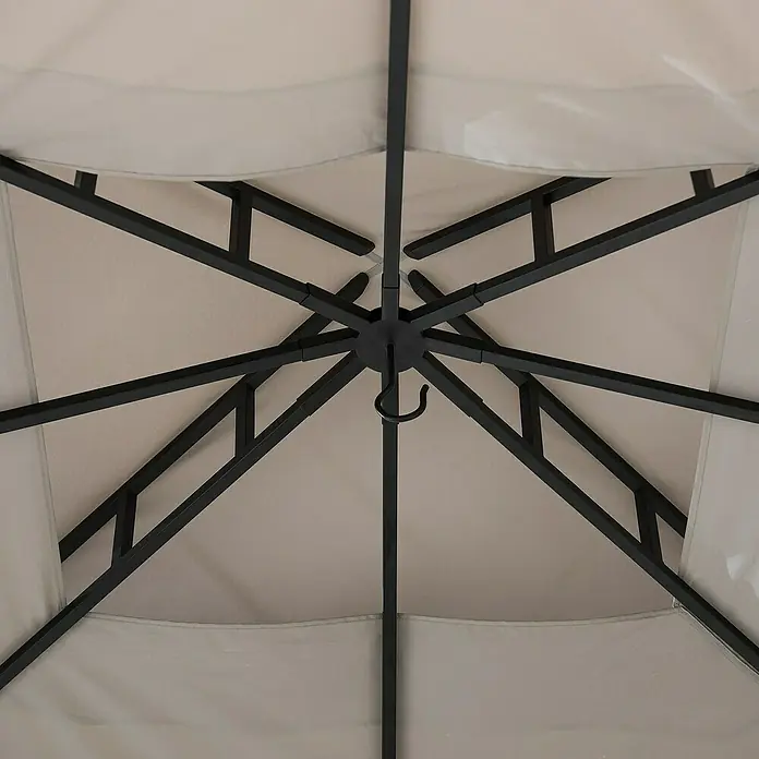 Sunjoy Pavillon Stoj - B x T: 402 x 336 cm, Farbe Gestell: Schwarz, Stahl - Nahaufnahme der Innenseite eines cremefarbenen Sonnenschirms mit schwarzem Metallgestell und Haken in der Mitte zur Aufhängung von Lampen.