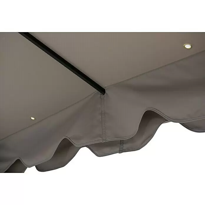 Sunjoy Pavillon Stoj - B x T: 402 x 336 cm, Farbe Gestell: Schwarz, Stahl - Unterseite eines beigefarbenen Sonnenschirmdachs mit schwarzem Trägerarm, integrierten Lichtern und gewelltem Rand.