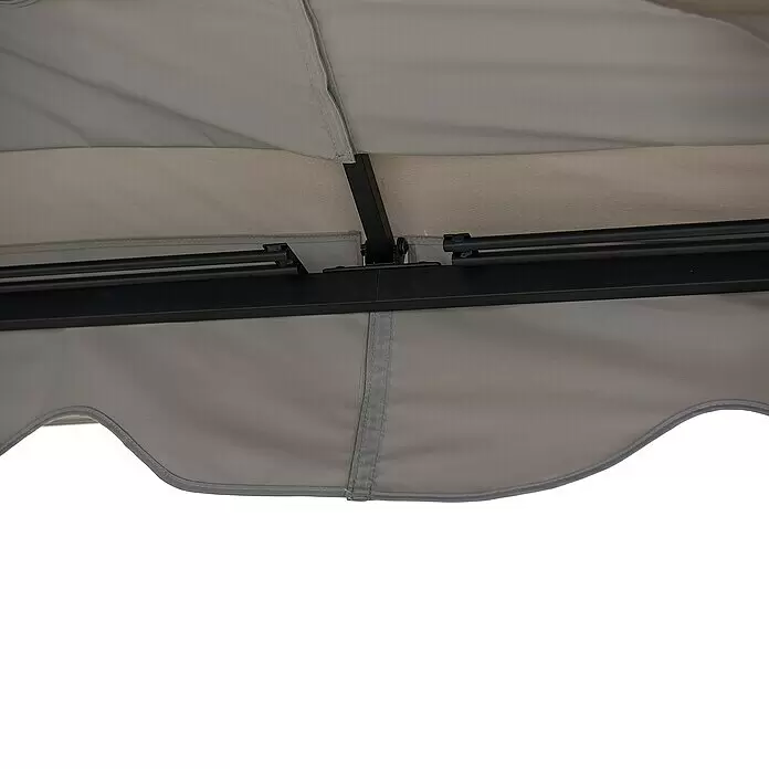 Sunjoy Pavillon Stoj - B x T: 402 x 336 cm, Farbe Gestell: Schwarz, Stahl - Unterseite eines grauen Stoffverdecks mit schwarzen Metallstützstangen und Scharnieren.
