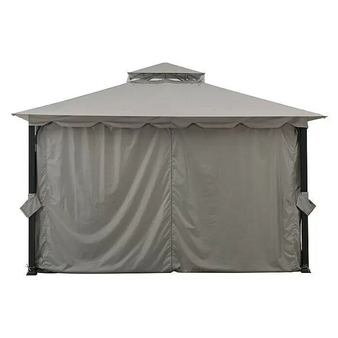 Sunjoy Pavillon Stoj - B x T: 402 x 336 cm, Farbe Gestell: Schwarz, Stahl - Grauer Outdoor-Pavillon mit Spitzdach und Sichtschutzvorhängen.