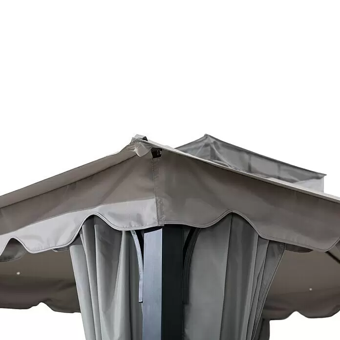 Sunjoy Standard-Pavillon Stoj - B x T: 402 x 336 cm, Farbe Gestell: Schwarz, Stahl - Nahaufnahme eines grauen Stoff-Pavillondaches mit zweistufigem Design und passenden Seitenwänden.