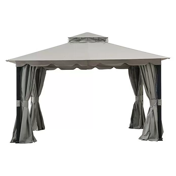 Sunjoy Standard-Pavillon Stoj - B x T: 402 x 336 cm, Farbe Gestell: Schwarz, Stahl - Ein hellgrauer Pavillon mit dunkelgrauen Pfosten und passenden Vorhängen, an den Ecken zurückgebunden.