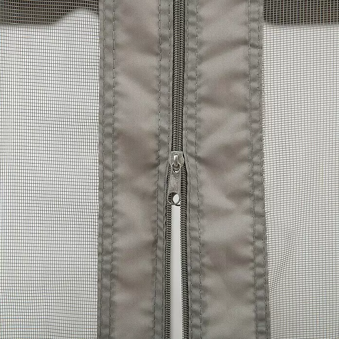 Sunjoy Standard-Pavillon Stoj - B x T: 402 x 336 cm, Farbe Gestell: Schwarz, Stahl - Nahaufnahme eines grauen Reißverschlusses an einer grauen Netzstoffplatte, der den Verschlussmechanismus zeigt.