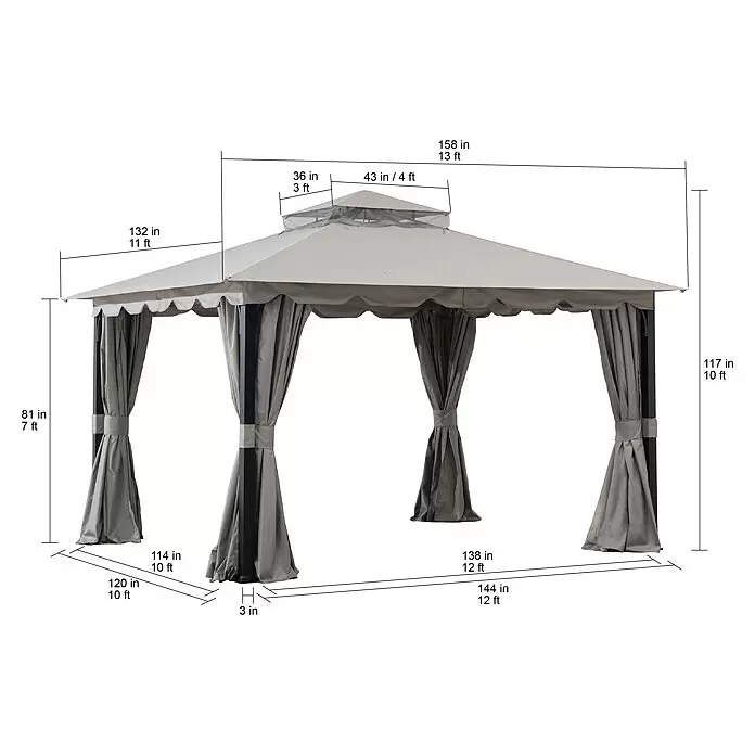Sunjoy Standard-Pavillon Stoj - B x T: 402 x 336 cm, Farbe Gestell: Schwarz, Stahl - Hellgrauer Pavillon mit Sichtschutzvorhängen, illustriert mit Gesamt- und spezifischen Maßen.
