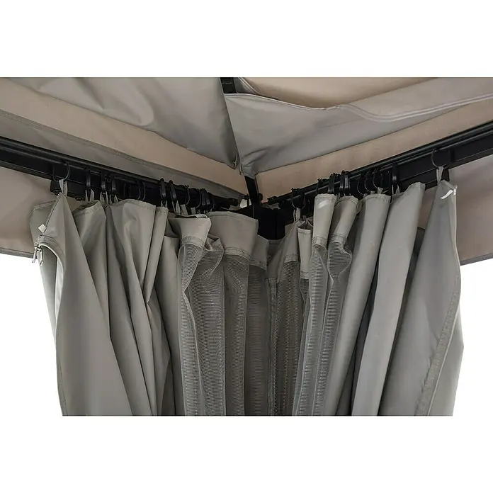 Sunjoy Standard-Pavillon Stoj - B x T: 402 x 336 cm, Farbe Gestell: Schwarz, Stahl - Nahaufnahme von Terrassenvorhängen in Grau, die an einer schwarzen Schiene befestigt sind und Privatsphäre und Schutz vor Insekten bieten.