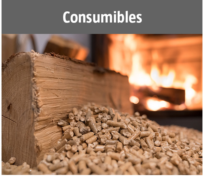 Consumibles: leña, briquetas, pellets