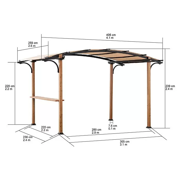 Sunjoy Standard-Pavillon Skuta - B x T: 406 x 259 cm, Farbe Gestell: Braun, Stahl - Pergola mit Holzpfosten, schwarzem Metallrahmen, beigefarbenem Verdeck und integrierter Bar, mit Maßen dargestellt.