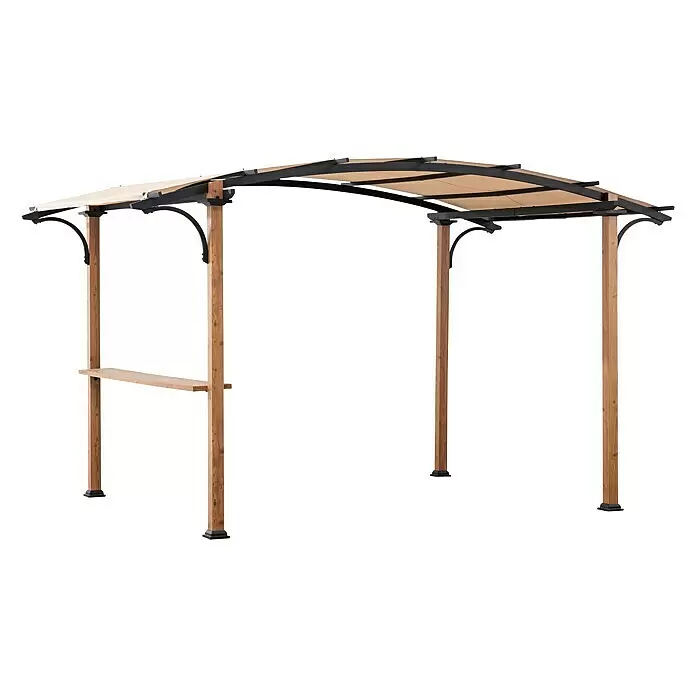 Sunjoy Standard-Pavillon Skuta - B x T: 406 x 259 cm, Farbe Gestell: Braun, Stahl - Holzpergola mit schwarzem Metallrahmen und beigem ausziehbarem Dach, inklusive integrierter Holztheke.