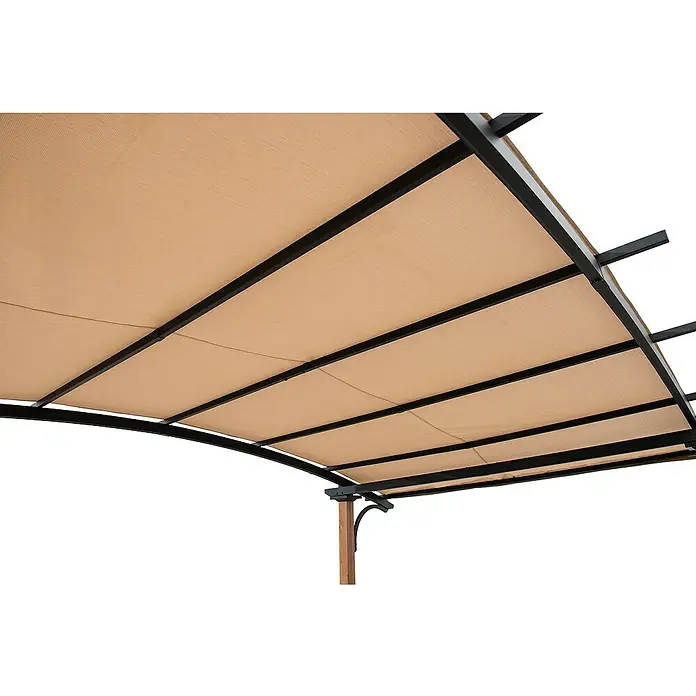 Sunjoy Standard-Pavillon Skuta - B x T: 406 x 259 cm, Farbe Gestell: Braun, Stahl - Blick auf eine Pergola mit beiger Stoffbespannung und schwarzem Metallrahmen, die Schatten spendet.