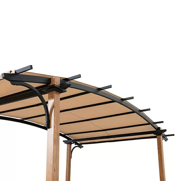 Sunjoy Standard-Pavillon Skuta - B x T: 406 x 259 cm, Farbe Gestell: Braun, Stahl - Nahaufnahme der Pergola-Dachkonstruktion mit beigem Stoffdach, schwarzem Metallrahmen und Holzstützen.
