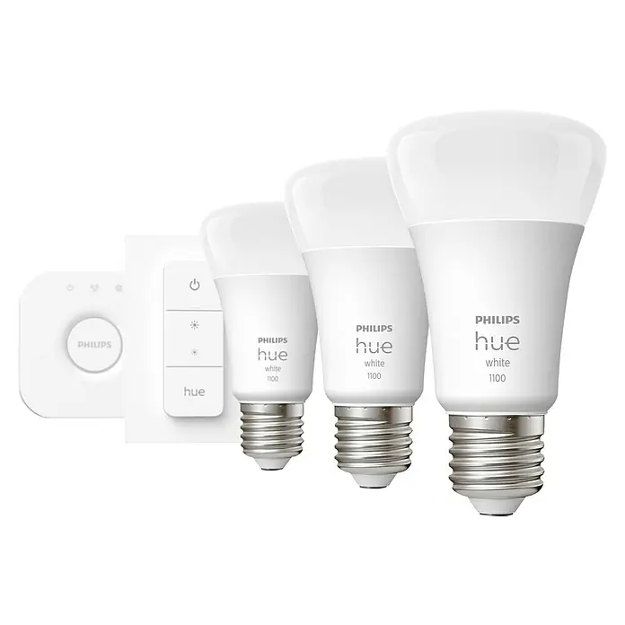 Philips Hue LED-Lampe WhiteE27, Dimmbar, Warmweiß, 1.055 lm, 9,5 W - Das Philips Hue White Kit mit Dimmschalter und drei E27 LED-Lampen, für eine angenehme, regulierbare, weiße Beleuchtung.