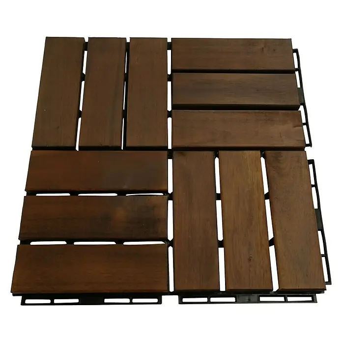 Loseta con sistema click - Madera de acacia, 30 x 30 x 2 cm, Marrón oscuro, 5 ud. - Imagen de una baldosa cuadrada de madera marrón con soportes de plástico negro, ideal para patios o balcones.