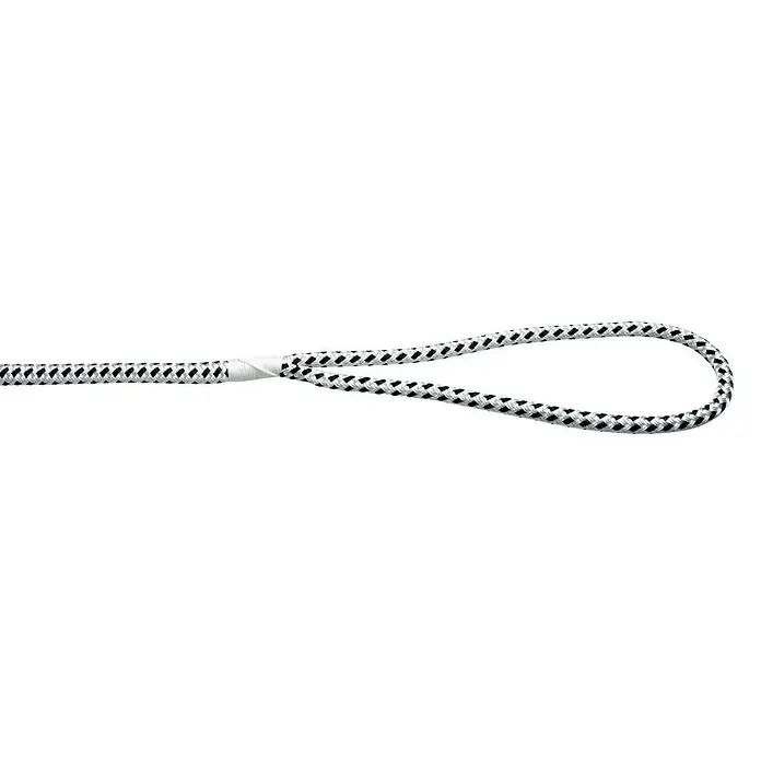 Robline Festmacherleine Rio - Schwarz/Weiß, Polyester, 12 mm x 10 m - Nahaufnahme einer weiss-schwarzen geflochtenen Kordel mit einer Schlaufe, die sich ideal zum Aufhängen oder Befestigen eignet.