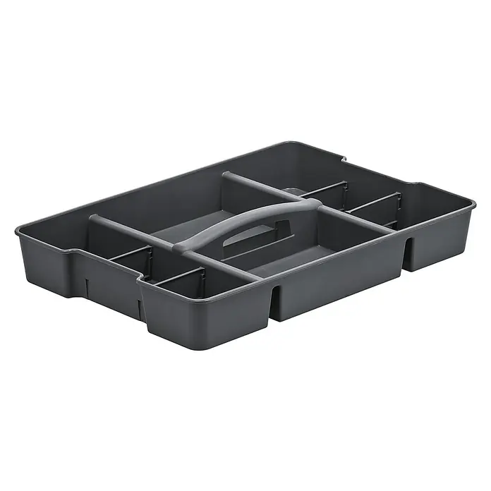 Rotho Clear Box Einsatz - Passend für: Rotho Clear Box 30, 44 & 65 l - Ansicht einer grauen, vielseitigen Aufbewahrungsbox mit Griff, ideal für Werkzeuge, Bastelbedarf und mehr, mit praktischen Fächern für Organisation.