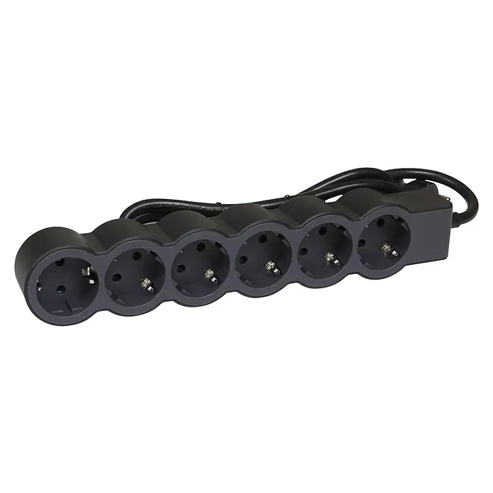 Legrand Base de enchufe múltiple Standard - Negro, Longitud del cable: 1,5 m, 6 ud. - Regleta negra con seis enchufes y un cable negro grueso, perfecta para conectar varios dispositivos a la vez.
