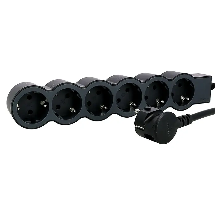 Legrand Base de enchufe múltiple Standard - Negro, Longitud del cable: 1,5 m, 6 ud. - Regleta de enchufes múltiple con seis tomas de corriente y cable de alimentación para alimentar varios dispositivos a la vez.