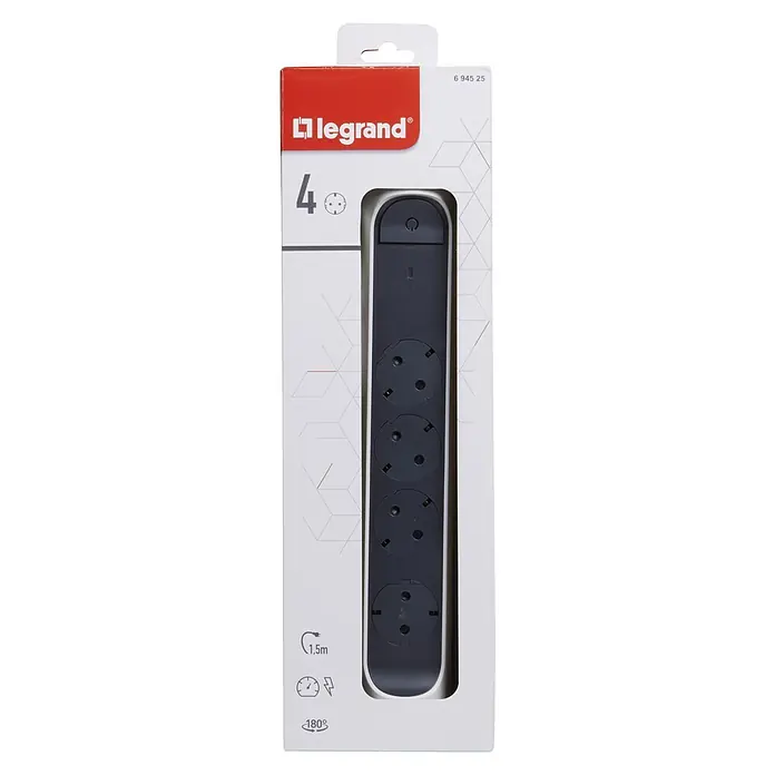 Legrand Base de enchufe múltiple Premium - Blanco/Negro, Longitud del cable: 1,5 m, 4 ud. - Imagen de una regleta de alimentación Legrand de cuatro enchufes en su embalaje original. Ideal para el hogar o la oficina.