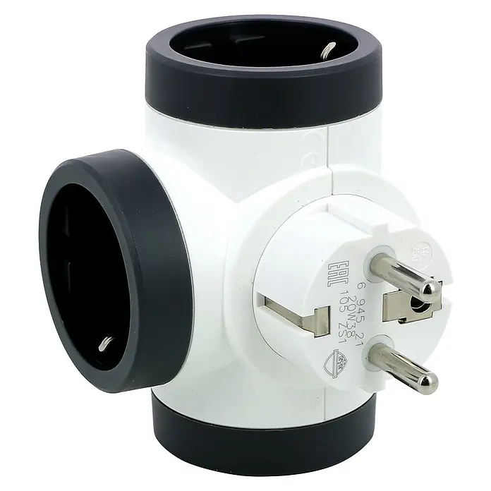 Legrand Ladrón Rotativo - Blanco/Negro, 3.680 W, 3 ud. - Primer plano de un adaptador de enchufe múltiple blanco con tres salidas y un enchufe. Perfecto para el uso flexible de varios dispositivos.