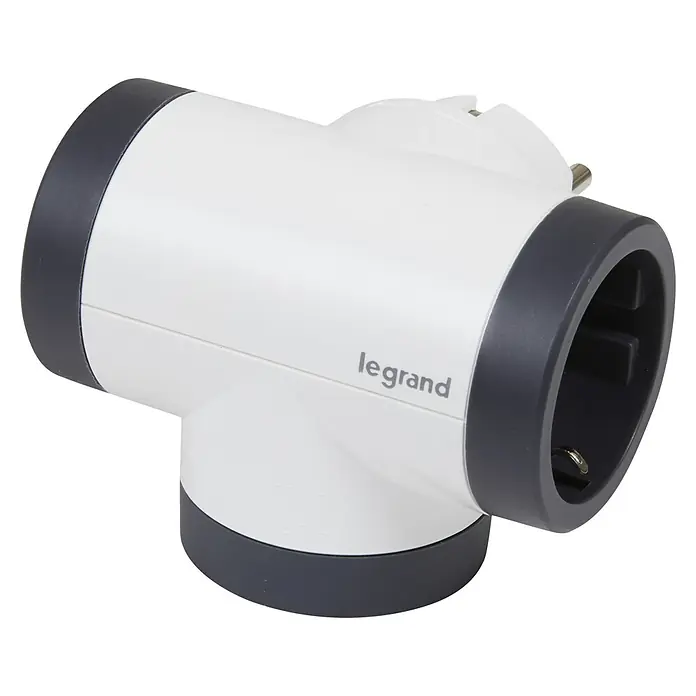 Legrand Ladrón Rotativo - Blanco/Negro, 3.680 W, 3 ud. - Un adaptador de enchufe en forma de T de Legrand, blanco con bordes grises, para conectar varios dispositivos a una sola toma.