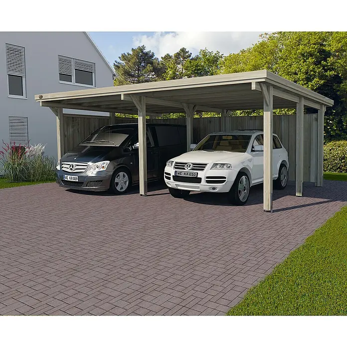 Weka Carport Optima Duo - Außenmaß inkl. Dachüberstand (B x T): 6,03 x 5,12 m, Doppelcarport, Kesseldruckimprägniert - Ein Carport mit zwei Stellplätzen, unter dem ein schwarzer Mercedes-Benz und ein weißer Volkswagen Touareg parken.