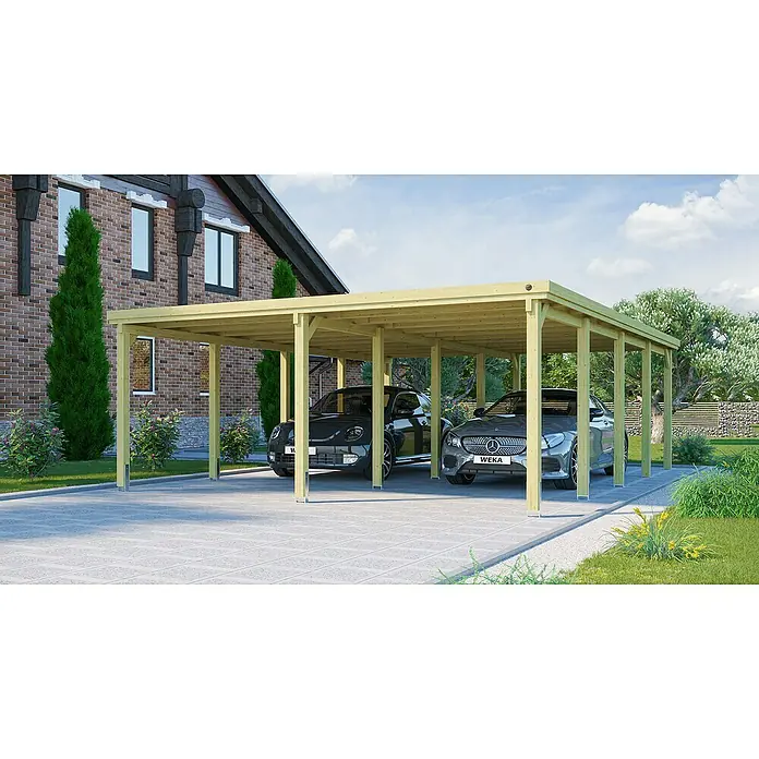 Weka Carport Optima Duo - Außenmaß inkl. Dachüberstand (B x T): 6,03 x 8,12 m, Doppelcarport, Kesseldruckimprägniert - Doppelcarport aus hellem Holz mit zwei geparkten Autos. Praktischer Unterstand für Fahrzeuge vor einem Wohnhaus.