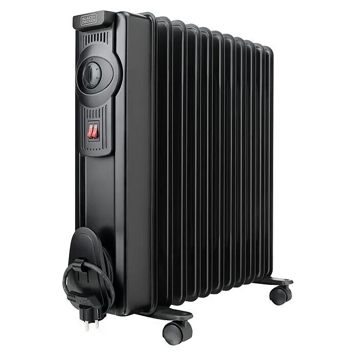 Black+Decker Ölradiator BXRA2300E - 2.300 W, Raumgröße bis ca. 23 m², Schwarz - Schwarzer Ölradiator mit Bedienfeld, Thermostatregler und roten Leistungsschaltern, Stromkabel und Rollen.