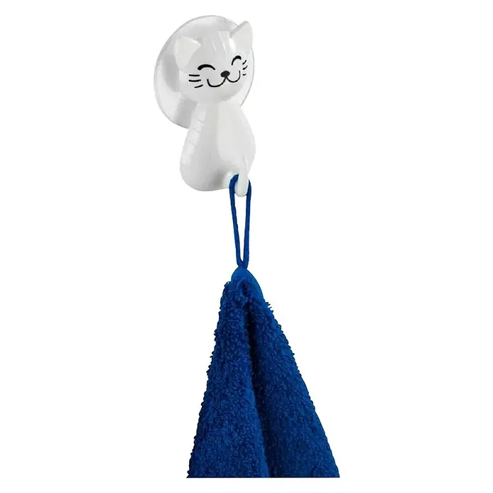 Wenko Klebehaken - Kunststoff - Katzensaugnapf mit blauem Handtuch. Der Saugnapf ist weiß und hat die Form einer Katze. Das Handtuch ist blau und hängt am Saugnapf.