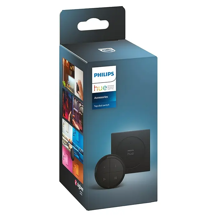 Philips Hue Lichtsteuerung Tap Dialswitch - 6 x 6 x 2 cm, Smart Home-fähig: Ja, Schwarz, Dimmbar - Abbildung der Philips Hue Tap Dial Switch-Verpackung, ein Zubehör für die intelligente Beleuchtung, das eine einfache Steuerung ermöglicht.
