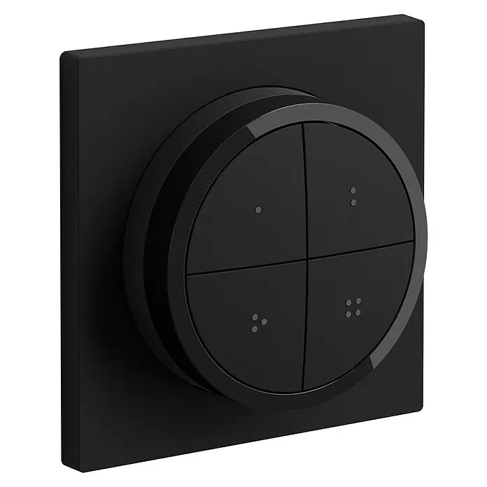 Philips Hue Lichtsteuerung Tap Dialswitch - 6 x 6 x 2 cm, Smart Home-fähig: Ja, Schwarz, Dimmbar - Schwarzer quadratischer Schalter mit runder, viergeteilter Taste und dunklen Markierungen für stilvolle Lichtsteuerung.