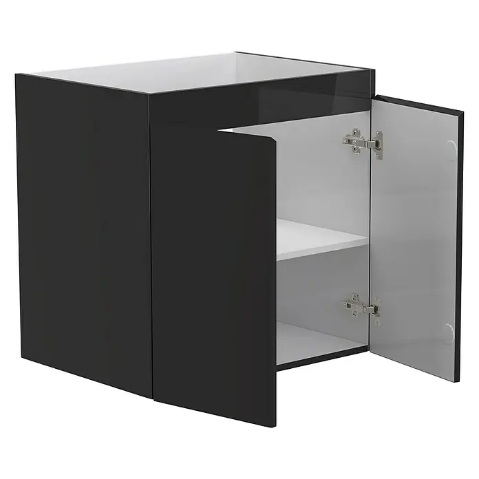 Camargue Espacio Waschtischunterschrank - 60 x 46 x 60 cm, 1 Einlegeboden, Gama anthrazit glänzend - Schwarzer, glänzender Hängeschrank mit zwei offenen Türen und einem weißen Regal. Praktisch und modern.