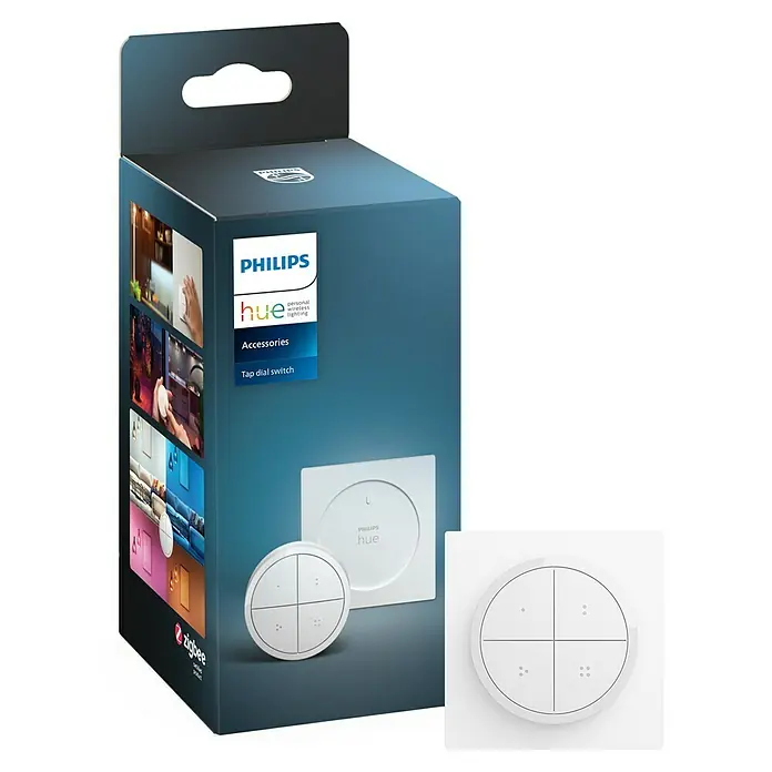 Philips Hue Lichtsteuerung Tap Dialswitch - 6 x 6 x 2 cm, Smart Home-fähig: Ja, Weiß, Dimmbar - Produktabbildung des Philips Hue Tap Dial Schalters, ein intelligenter Schalter für die Beleuchtungssteuerung.
