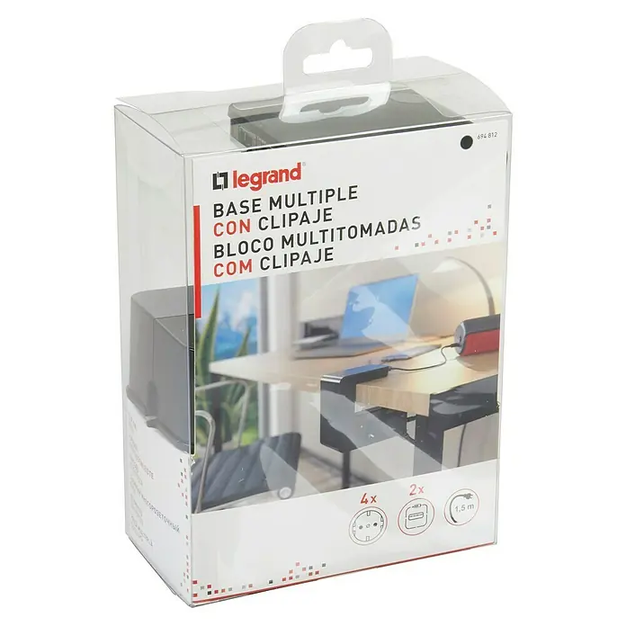 Legrand Bola de enchufes Upower 4x2P USB - x 4, Negro, 1,5 m - Embalaje de una base múltiple Legrand con 4 enchufes y 2 puertos USB, ideal para el escritorio.