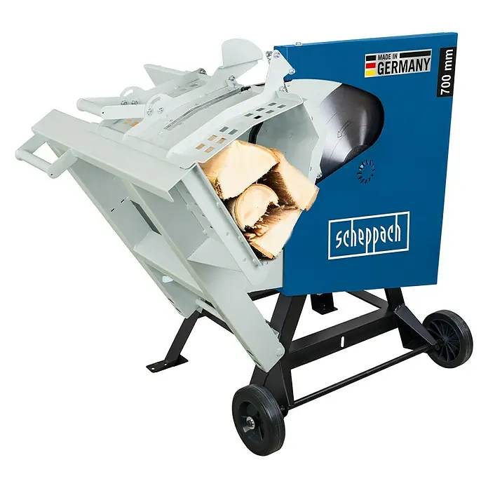Scheppach Wippkreissäge HS720 - 4.500 W, Durchmesser Sägeblatt: 700 mm - Brennholzsäge Scheppach mit Holzscheiten im Zuführschacht. Leistungsstark und mobil für den Brennholzbedarf.