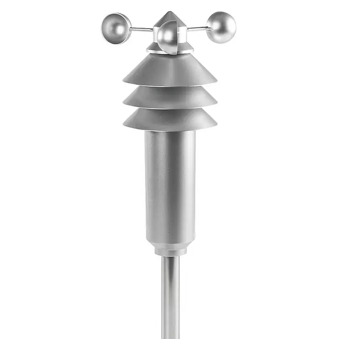 Homematic IP Funk-Wettersensor HmIP-SWO-B - Batteriebetrieben, 15 x 15 x 42 cm, Edelstahl - Eine silberne Wetterstation mit Windmesser und Temperaturanzeige auf einem weißen Hintergrund.