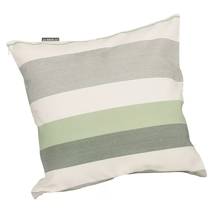 La Siesta Kissenhülle Amante - Cedar, L x B: 50 x 50 cm - Gestreiftes Kissen in Off-White und Grün mit 'LA SIESTA'-Etikett.