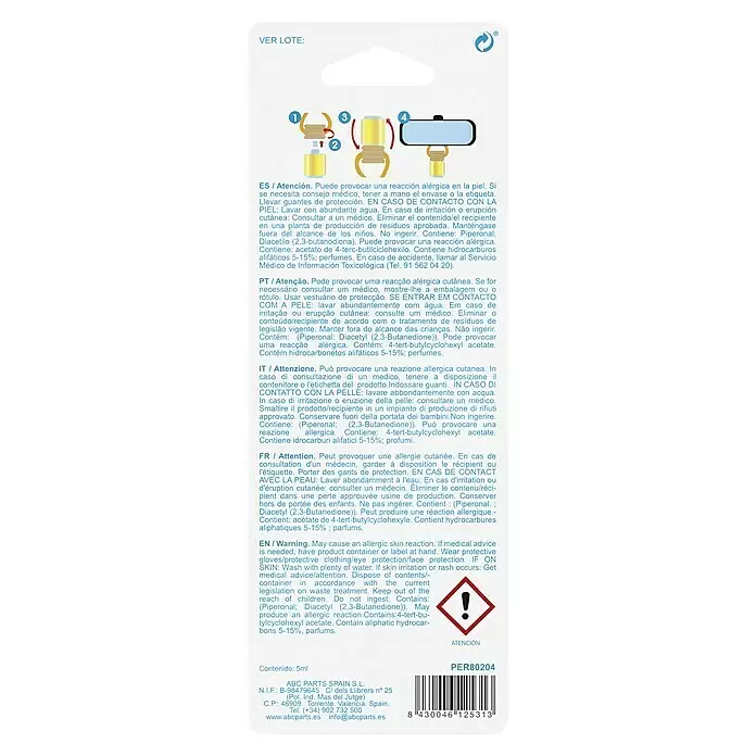 Ambientador de coche para colgar - Vainilla, 8 sem. - Etiqueta de producto con instrucciones para insertar un ambientador amarillo de coche en un clip de ventilación, con advertencias y detalles.