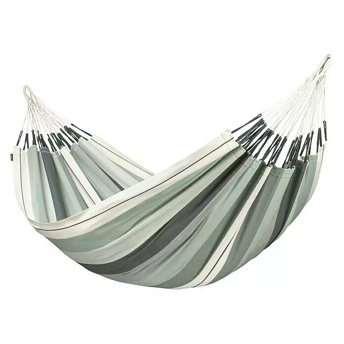 La Siesta Hängematte Modesta - L x B: 350 x 160 cm, Olive, Double - Gestreifte Stoffhängematte in Grün-, Grau- und Weißtönen mit weißen Aufhängeseilen, gebrauchsfertig.