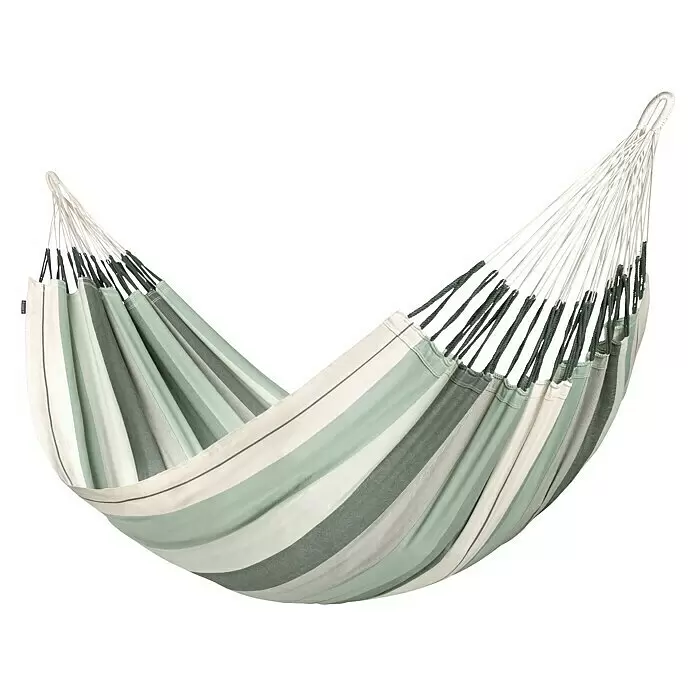 La Siesta Hängematte Modesta - L x B: 400 x 180 cm, Olive, Kingsize - Gestreifte Hängematte in Weiß, Hellgrün und Dunkelgrau, mit weißen und dunkelgrünen Seilen.