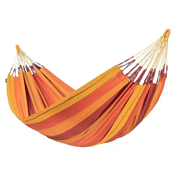 La Siesta Hängematte Modesta - L x B: 350 x 160 cm, Volcano, Double - Gestreifte Stoffhängematte in warmen Gelb-, Orange- und Rottönen, mit gelben Aufhängeseilen.