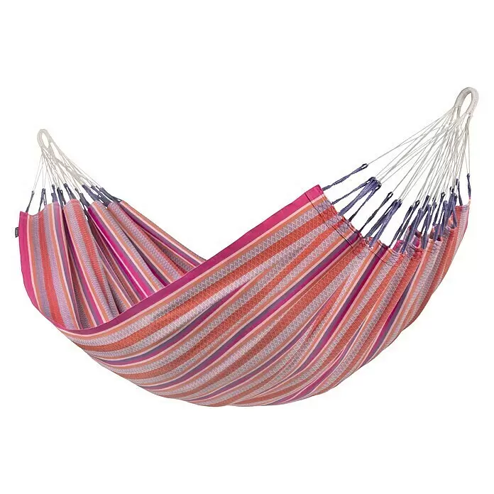 La Siesta Hängematte Modesta - L x B: 350 x 160 cm, Flamingo, Double - Gestreifte Stoffhängematte in Pink-, Violett- und Orangetönen mit weißen Aufhängeseilen.