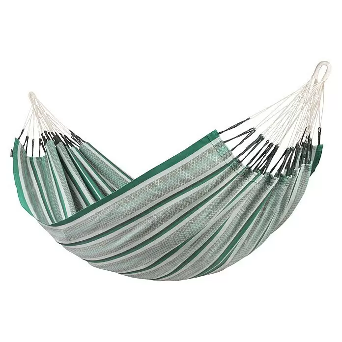 La Siesta Hängematte Modesta - L x B: 350 x 160 cm, Agave, Double - Grün, weiß und grau gestreifte Hängematte mit weißen Aufhängeseilen.