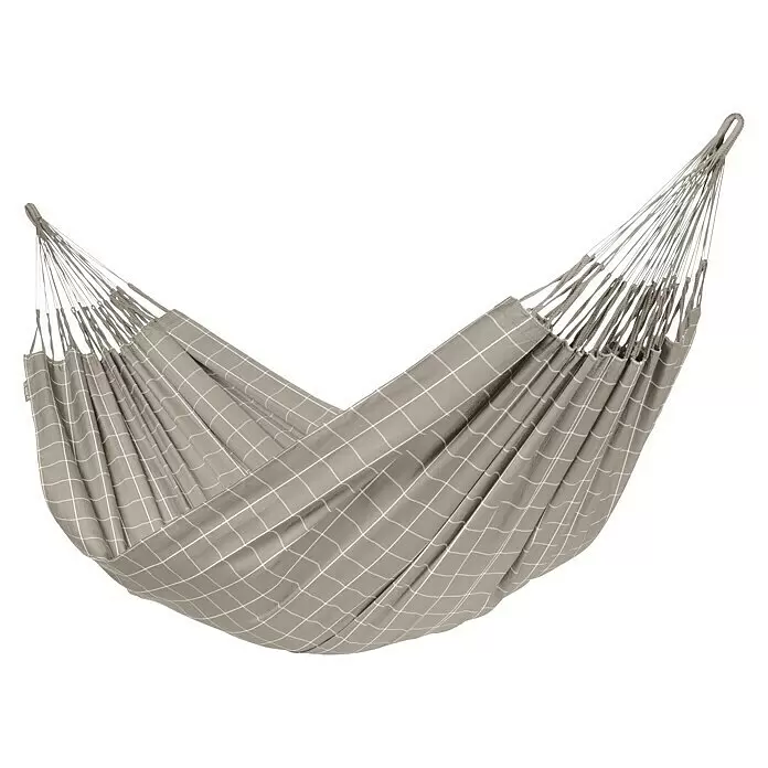 La Siesta Hängematte Brisa Kingsize - L x B: 400 x 180 cm, Almond - Grau karierte Stoffhängematte mit Seilaufhängungen.