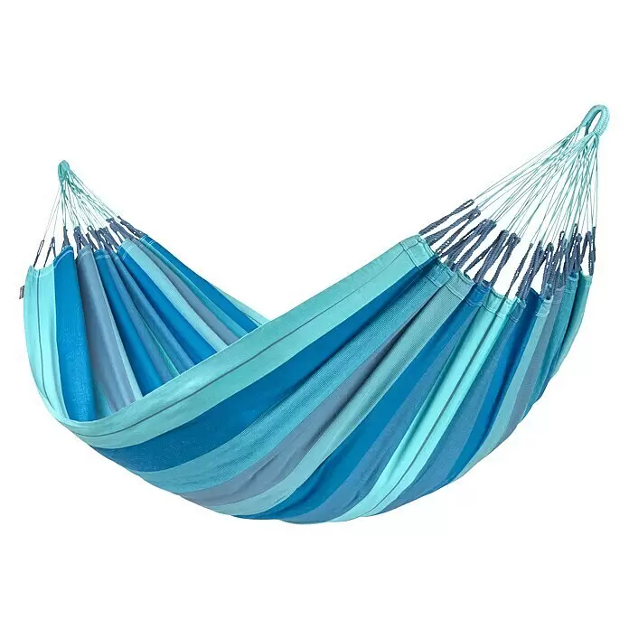 La Siesta Hängematte Modesta - L x B: 350 x 160 cm, Lagoon, Double - Gestreifte Hängematte in Blau- und Grautönen mit hellblauen Aufhängeseilen.
