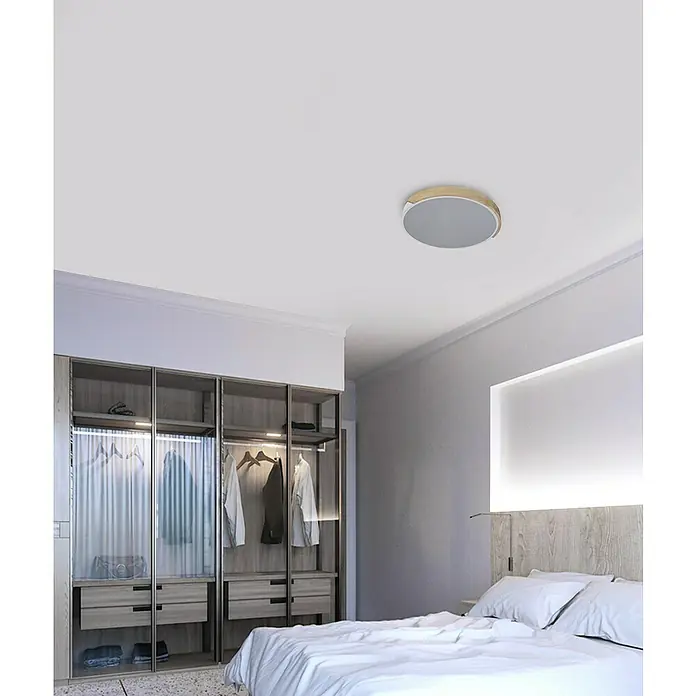 Forlight Plafón LED redondo Melo - 20 W, Ø x Al: 40 x 5 cm, Blanco/Madera, Blanco, Blanco neutro - Moderna lámpara de techo en un dormitorio con vestidor y cama doble grande.