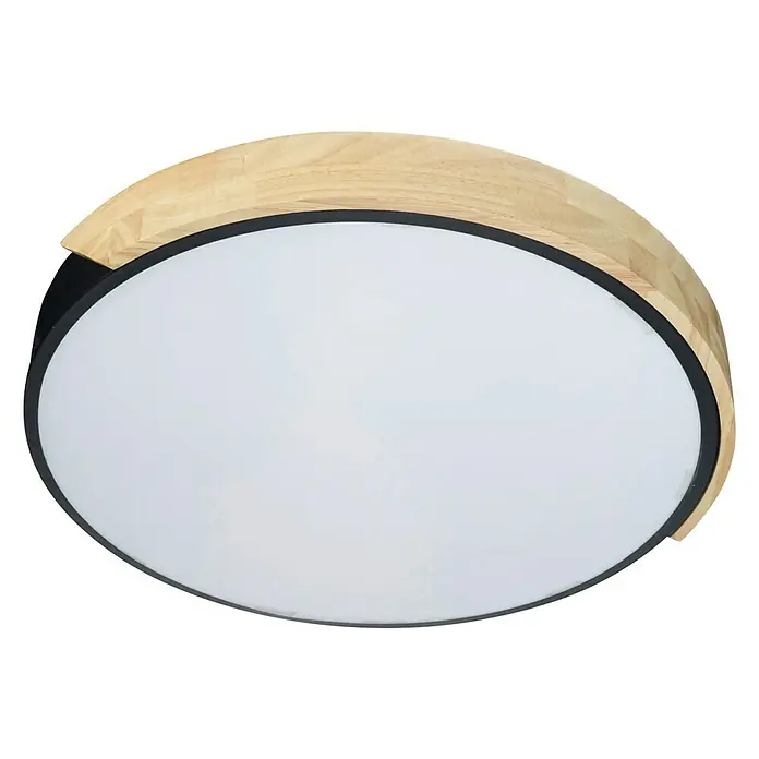Forlight Plafón LED redondo Melo - 20 W, Ø x Al: 40 x 5 cm, Negro/Madera, Blanco, Blanco neutro - Una moderna lámpara de techo LED con detalles de madera y un borde negro sobre un fondo negro, que representa una solución de iluminación elegante.
