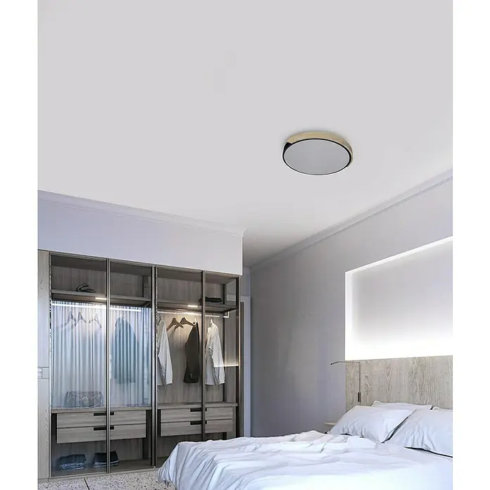 Forlight Plafón LED redondo Melo - 20 W, Ø x Al: 40 x 5 cm, Negro/Madera, Blanco, Blanco neutro - Lámpara de techo redonda con borde dorado en un dormitorio moderno, que combina elegancia y funcionalidad.