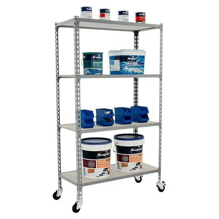 Simonrack Maderclick Estantería metálica Mobile Mini - Al x An x Pr: 150 x 80 x 30 cm, Número de baldas: 4 ud., Inserción, Gris - Carro de estanterías de cuatro niveles cargado con botes de pintura y cajas de almacenamiento azules, ideal para taller o almacén.